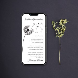 Digitale Einladung zur Trauerfeier oder Beerdigung oder Kondolenzkarte mit personalisierten Daten zum Versenden per WhatsApp | Pusteblume