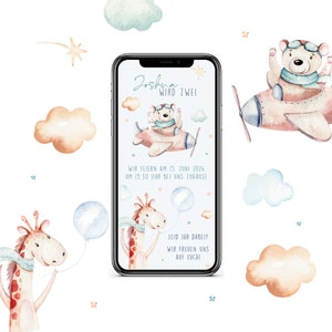 Digitale Einladung zum Geburtstag mit personalisierten Daten zum Versenden per WhatsApp | Fliegender Bär und Giraffe