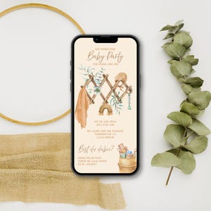 Digitale Einladung zur Baby Shower oder Baby Party mit personalisierten Daten zum Versenden per WhatsApp | Boho Baby Garderobe
