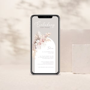 Digitale Einladung zur Taufe mit personalisierten Daten zum Versenden per WhatsApp | Boho Bogen