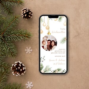 Carte de vœux numérique pour Noël avec données personnalisées à envoyer via WhatsApp | Boule de Noël avec votre propre photo