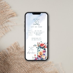 Convite digital de aniversário com detalhes personalizados para enviar via WhatsApp | Jarra de flores