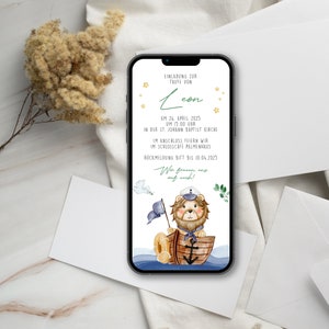 Convite digital para batizado com dados personalizados a ser enviado via WhatsApp | Leão marinheiro