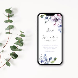Digitale Save the Date Karte zur Hochzeit mit personalisierten Daten zum Versenden per WhatsApp | Aquarell Blume und Zweige