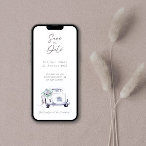 Digitale Save the Date Karte zur Hochzeit mit personalisierten Daten zum Versenden per WhatsApp | Hochzeitsauto