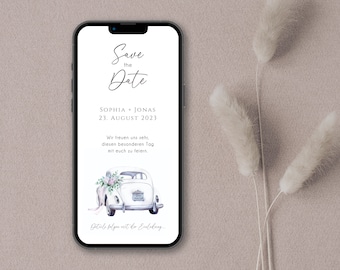 Digital save the date card for the wedding with personalized data to send via WhatsApp | Wedding car