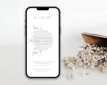 Digital save the date card for the wedding with personalized data to send via WhatsApp | Circle with branches in delicate gray