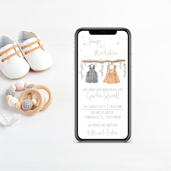 Digital invitation to the gender reveal or baby party with personalized data to send via WhatsApp | Dungarees and dress
