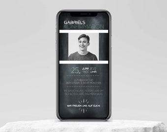 Digital invitation for communion or confirmation with personalized data to be sent via WhatsApp | Blackboard and chalk