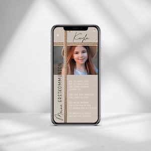 Invitation numérique à la communion ou à la confirmation avec des données personnalisées à envoyer via WhatsApp | Rusé