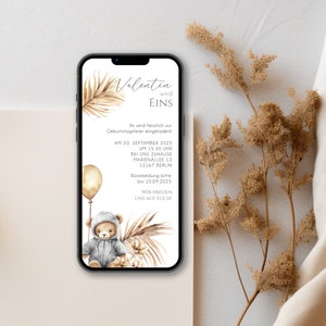 Digitale Einladung zum Geburtstag mit personalisierten Daten zum Versenden per WhatsApp | Boho Teddy Bär