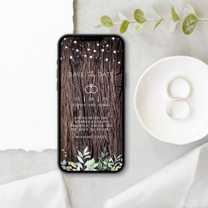 Digitale save the date kaart voor de bruiloft met gepersonaliseerde gegevens om te versturen via WhatsApp | Houten kerstverlichting takken