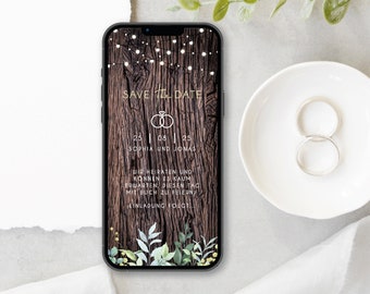 Digital save the date card for the wedding with personalized data to send via WhatsApp | Wooden fairy lights branches