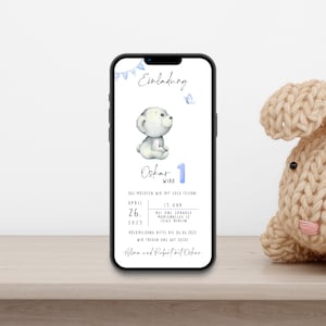 Convite digital de aniversário com detalhes personalizados para enviar via WhatsApp | Bebê urso e borboleta