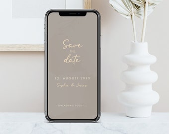 Digital save the date card for the wedding with personalized data to send via WhatsApp | Taupe