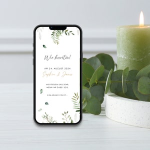 Digitale Save the Date Karte zur Hochzeit mit personalisierten Daten zum Versenden per WhatsApp | Fallende Blätter
