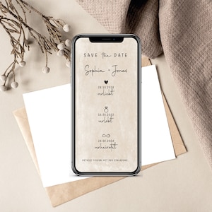 Digitale save the date kaart voor de bruiloft met gepersonaliseerde gegevens om te versturen via WhatsApp | liefde verloofd getrouwd