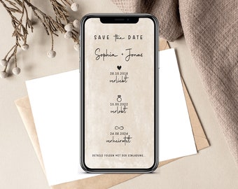 Digital save the date card for the wedding with personalized data to send via WhatsApp | love engaged married