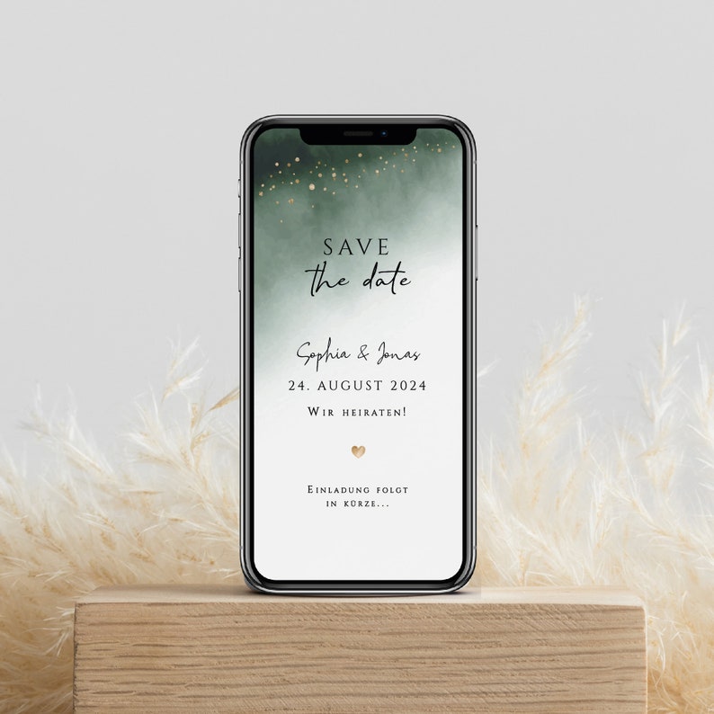 Digital save the date card for the wedding with personalized data to send via WhatsApp Green watercolor cloud image 1
