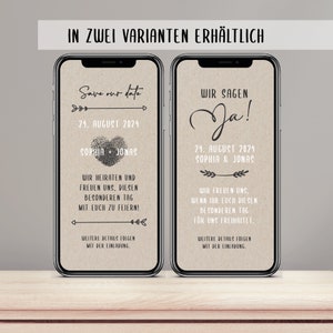 Digitale save the date kaart voor de bruiloft met gepersonaliseerde gegevens om te versturen via WhatsApp | Kraftpapier en hart
