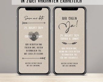 Digital save the date card for the wedding with personalized data to send via WhatsApp | Kraft paper and heart