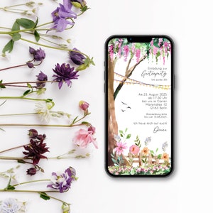 Invitación de cumpleaños digital con detalles personalizados para enviar por WhatsApp | Glicinias y luces de colores