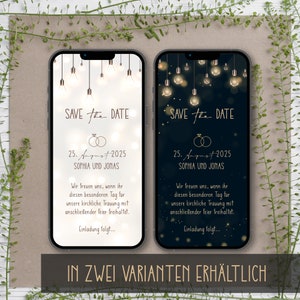 Digitale save the date kaart voor de bruiloft met gepersonaliseerde gegevens om te versturen via WhatsApp | gloeilamp