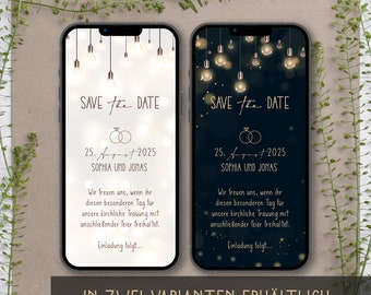 Digital save the date card for the wedding with personalized data to send via WhatsApp | light bulb