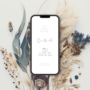 Carte numérique de sauvegarde de la date pour le mariage avec des données personnalisées à envoyer via WhatsApp | Bagues avec des coeurs