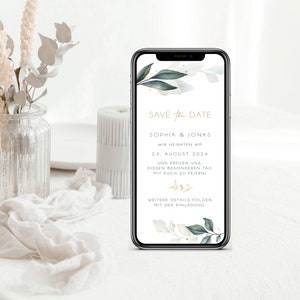 Digital save the date card for the wedding with personalized data to send via WhatsApp | Green branches