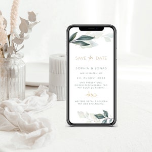 Digitale save the date kaart voor de bruiloft met gepersonaliseerde gegevens om te versturen via WhatsApp | Groene takken
