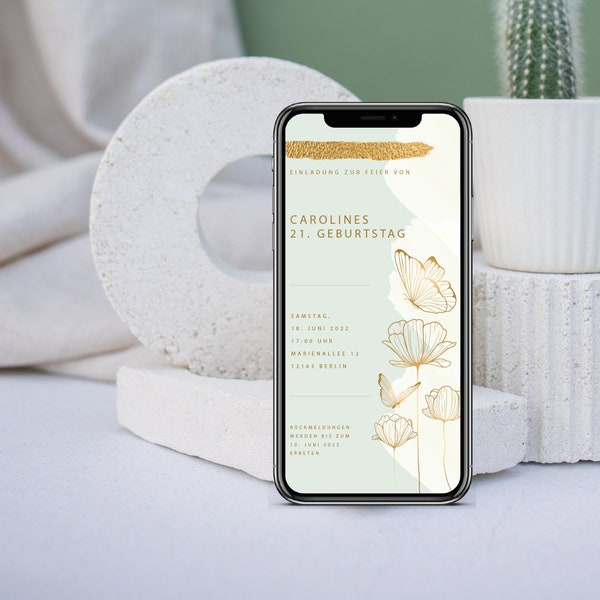 Digitale Einladung zum Geburtstag mit personalisierten Daten zum Versenden per WhatsApp | Schmetterling