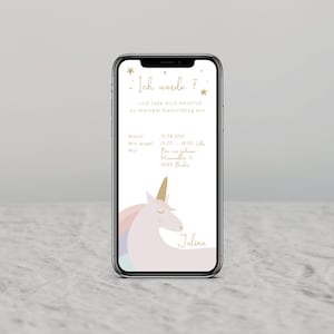 Invito compleanno digitale con dettagli personalizzati da inviare tramite WhatsApp | unicorno