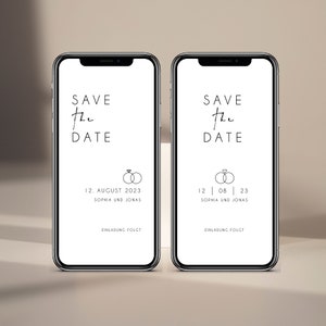 Digitale save the date kaart voor de bruiloft met gepersonaliseerde gegevens om te versturen via WhatsApp | Ringen met diamant of hart
