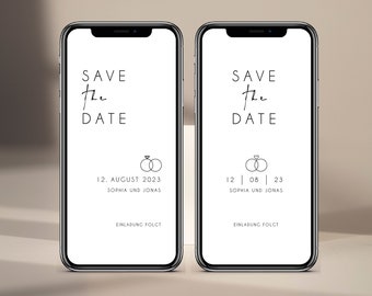 Digital save the date card for the wedding with personalized data to send via WhatsApp | Rings with diamond or heart