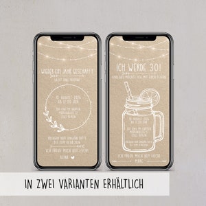 Digitale Einladung zum Geburtstag mit personalisierten Daten zum Versenden per WhatsApp | Kraftpapier mit Kranz oder Glas