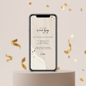 Invitation d'anniversaire numérique avec détails personnalisés à envoyer via WhatsApp | Confettis d'or
