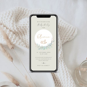 Digitale uitnodiging voor de babyshower of babyparty met gepersonaliseerde gegevens om te versturen via WhatsApp | hobbelpaard