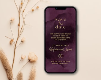 Digital save the date card for the wedding with personalized data to send via WhatsApp | Mauve