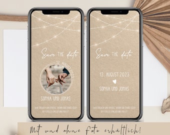 Digitale Save the Date Karte zur Hochzeit mit personalisierten Daten zum Versenden per WhatsApp | Kraftpapier und Lichterketten