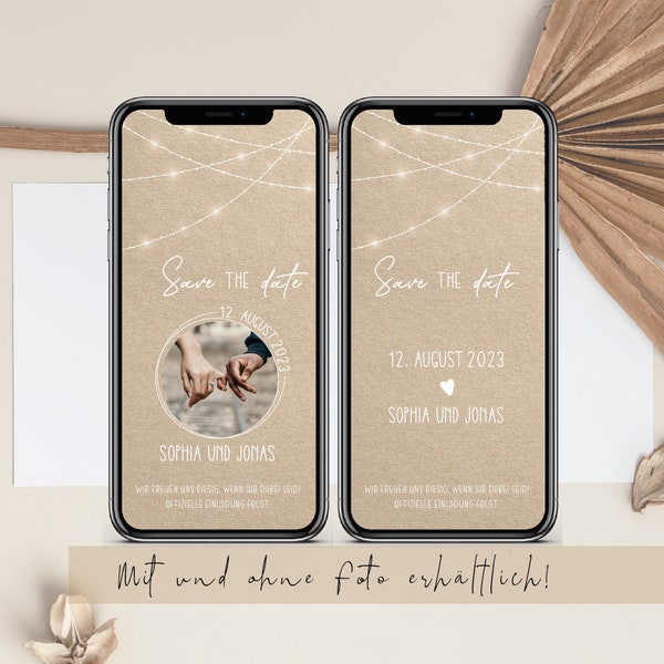 Digitale Save the Date Karte zur Hochzeit mit personalisierten Daten zum Versenden per WhatsApp | Kraftpapier und Lichterketten