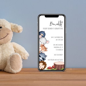 Convite digital de aniversário com detalhes personalizados para enviar via WhatsApp | Animais da floresta