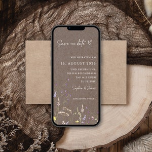 Digitale save the date kaart voor de bruiloft met gepersonaliseerde gegevens om te versturen via WhatsApp | Kraftpapier en wilde bloemen