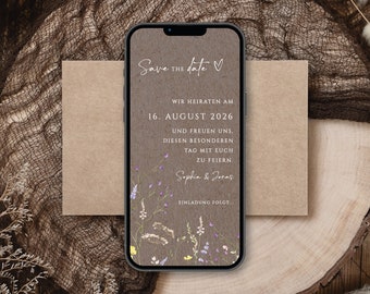 Digital save the date card for the wedding with personalized data to send via WhatsApp | Kraft paper and wildflowers