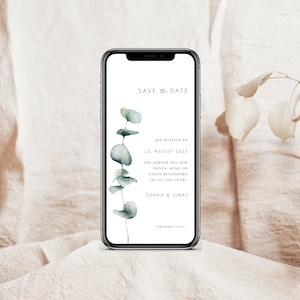 Carte numérique de sauvegarde de la date pour le mariage avec des données personnalisées à envoyer via WhatsApp | eucalyptus
