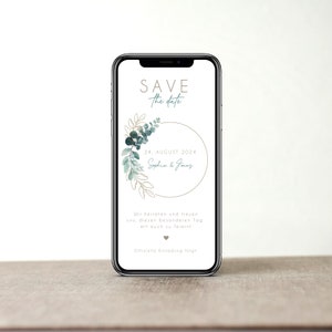 Carte numérique de sauvegarde de la date pour le mariage avec des données personnalisées à envoyer via WhatsApp | Couronne verte