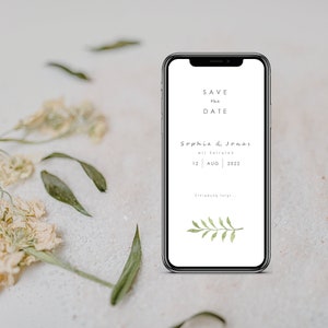 Digitale Save the Date Karte zur Hochzeit mit personalisierten Daten zum Versenden per WhatsApp | Grüner Zweig