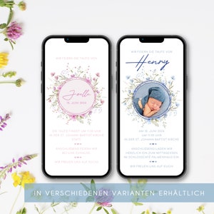 Digitale Einladung zur Taufe mit personalisierten Daten zum Versenden per WhatsApp | Wildblumen