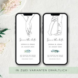 Tarjeta digital de guarda la fecha de la boda con datos personalizados para enviar por WhatsApp | Arte lineal