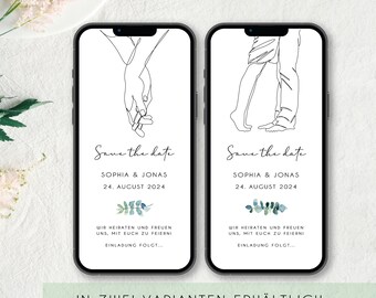 Digital save the date card for the wedding with personalized data to send via WhatsApp | Line art